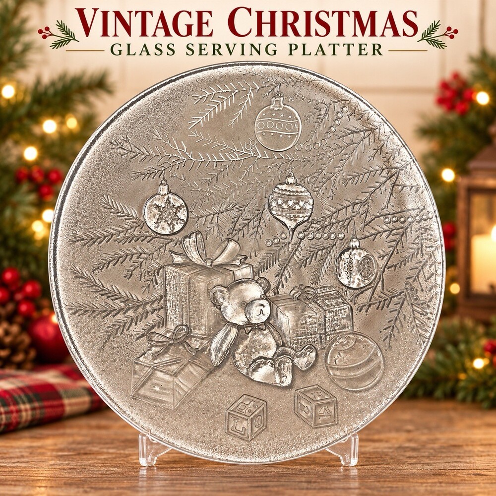 Vtg Teddy Bear Serving Platter Clear Glass Christmas Holiday Ornaments Tree 13"